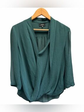 Babaton Forest Green Draped V-Neck 100% Silk Blouse Size S relaxed fit